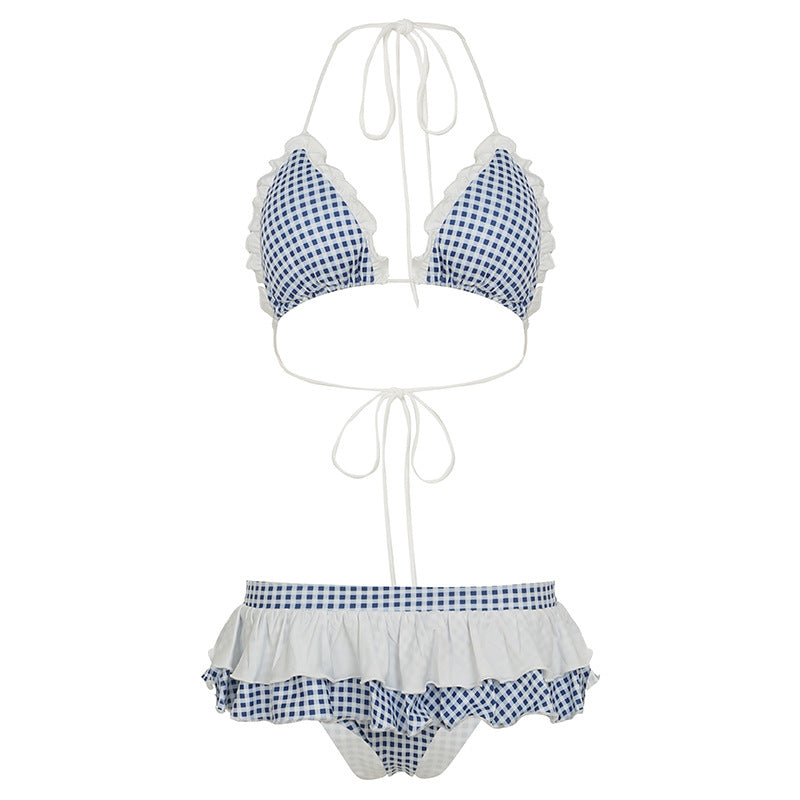 Girl Cute Printed Plaid Banded Bikini Summer Ruffles Sexy Split Swimsuit Two Piece Sets Women