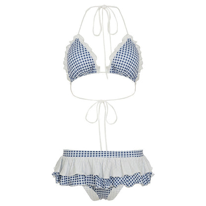 Girl Cute Printed Plaid Banded Bikini Summer Ruffles Sexy Split Swimsuit Two Piece Sets Women