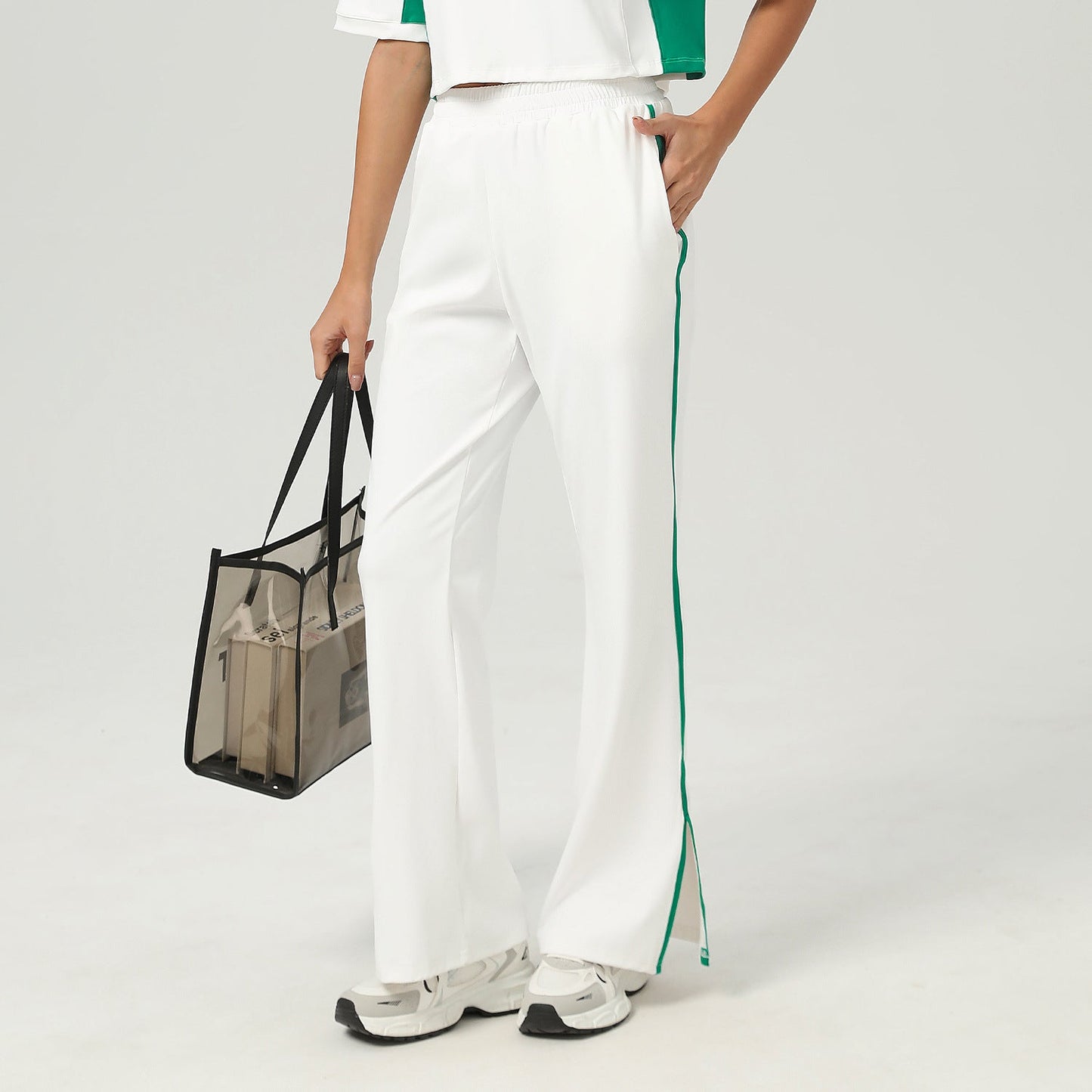 High Waist Loose Sports Wide Leg Pants Pocket Straight Casual Pants Outer Wear Contrast Color Yoga Bell Bottom Pants