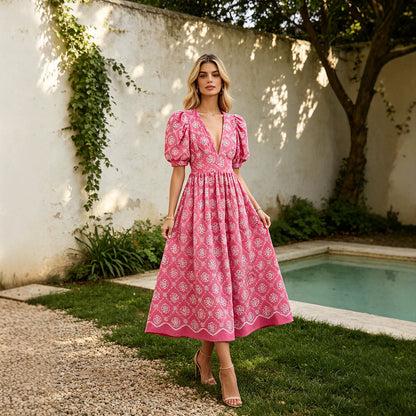 Elegant Tea Break Dress Autumn V neck Lantern Sleeve Printed High Waist Slim Slimming Dress Women