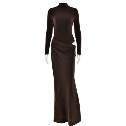 Summer Half High Collar Long Sleeves Dress Sexy Slim Fit Faux Two Piece Solid Color Dress