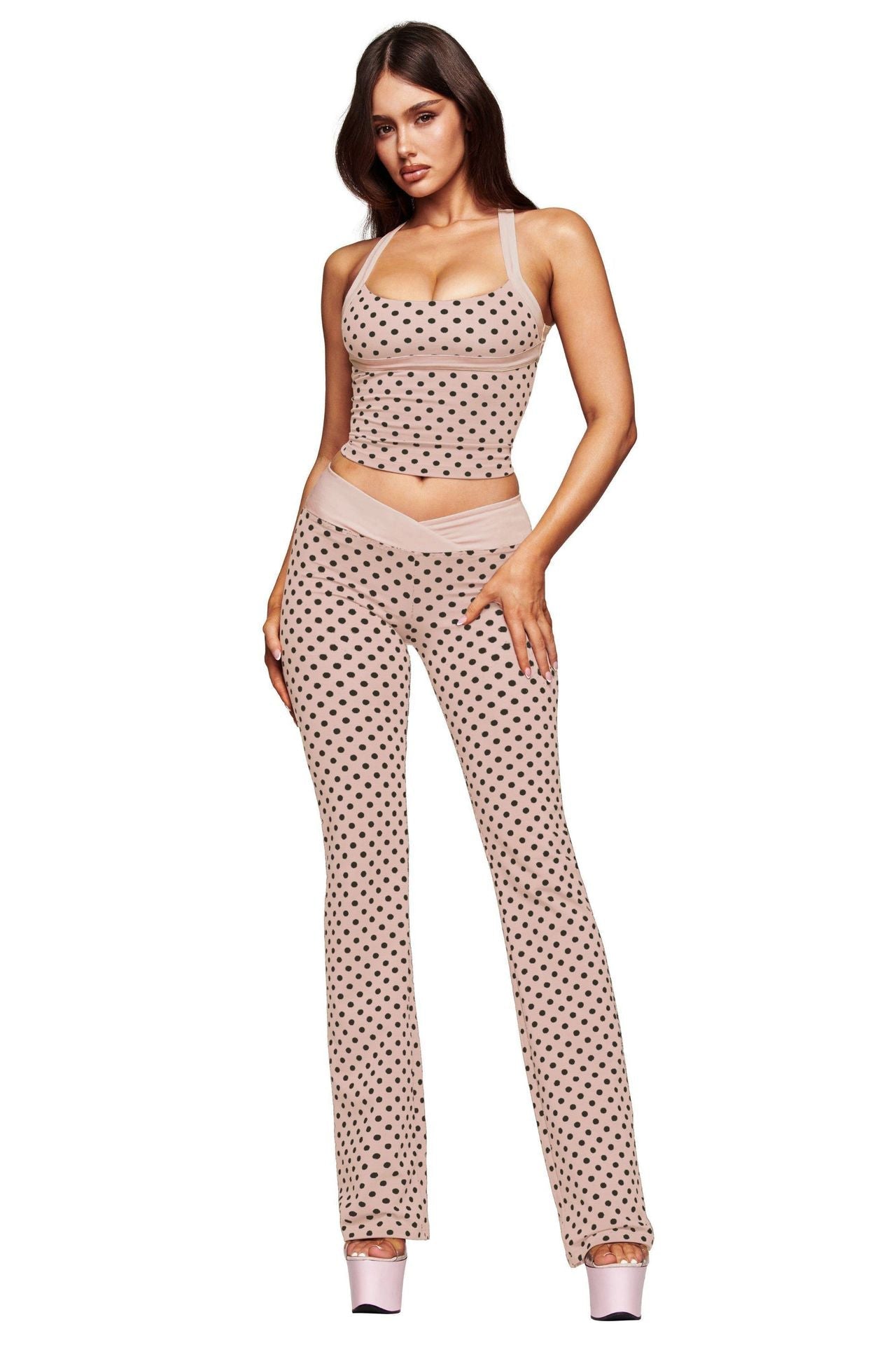 Halter Polka Dot Vest Pants Bell Bottom Pants Backless Bra Fitness Clothes Sportswear Yoga Set
