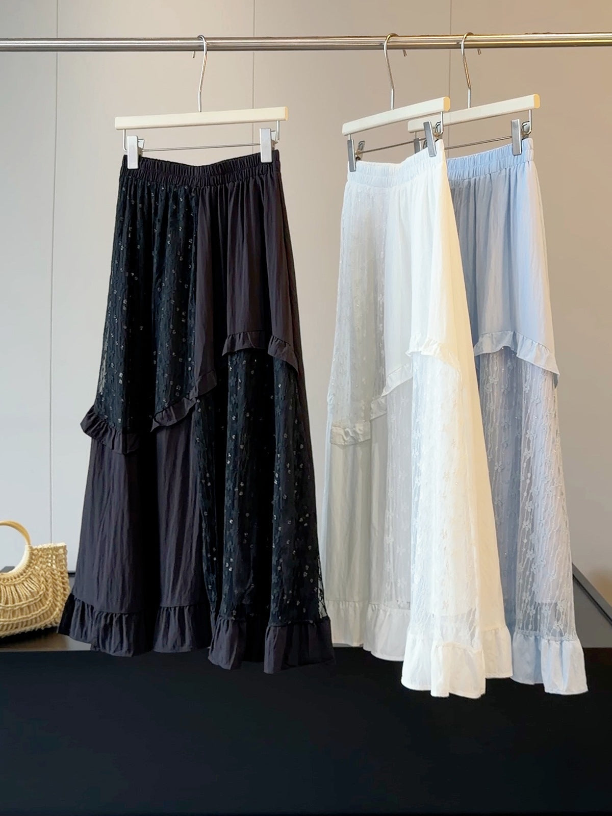 French Design Lace Stitching Skirt Women Summer High Waist Slimming A line Mid Length Tiered