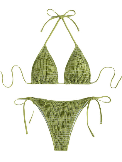 Solid Color Sexy Pleating Triangle Lace Up Side Beach Swimsuit Bikini