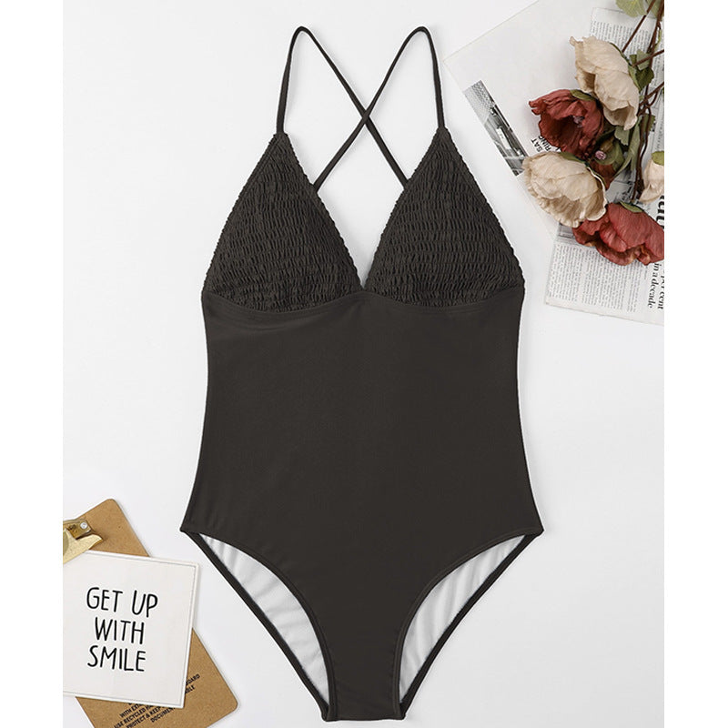 Solid Color V neck Triangle Cup Stylish Beach Swimsuit Tight Triangle One Piece Swimsuit