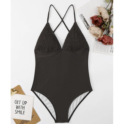 Solid Color V neck Triangle Cup Stylish Beach Swimsuit Tight Triangle One Piece Swimsuit