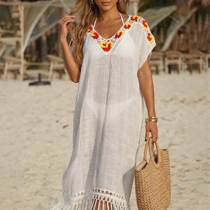 Crochet Stitching Long Fringe Beach Dress Swimsuit Blouse Vacation Dress Simple Dress
