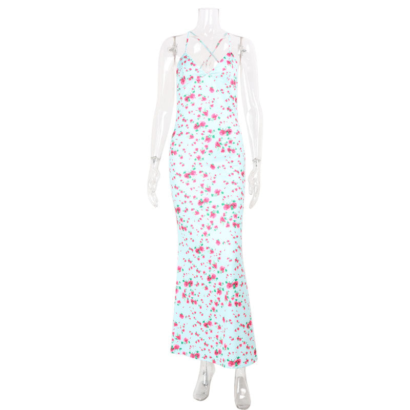 Spring Summer Waist Slimming Elegant Floral Strap Dress Deep V Plunge Vacation