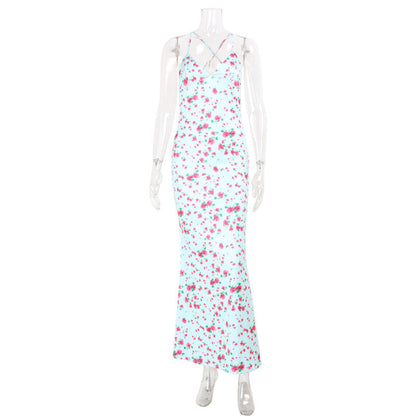 Spring Summer Waist Slimming Elegant Floral Strap Dress Deep V Plunge Vacation