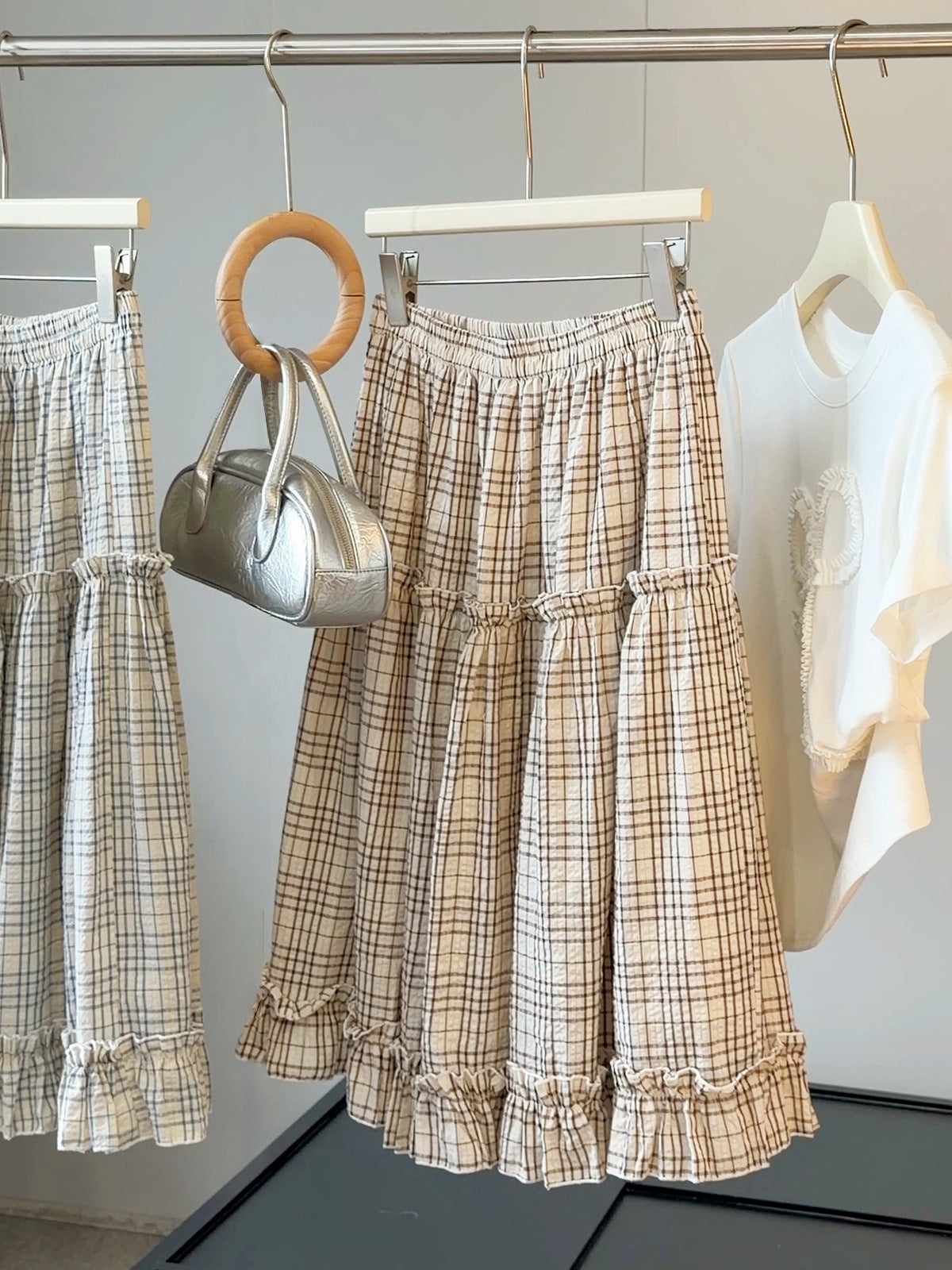 Ruffled Bubble Cotton Plaid Skirt Women Summer High Waist Slimming A Line Mid Length Skirt