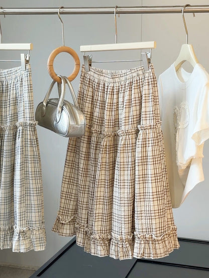 Ruffled Bubble Cotton Plaid Skirt Women Summer High Waist Slimming A Line Mid Length Skirt