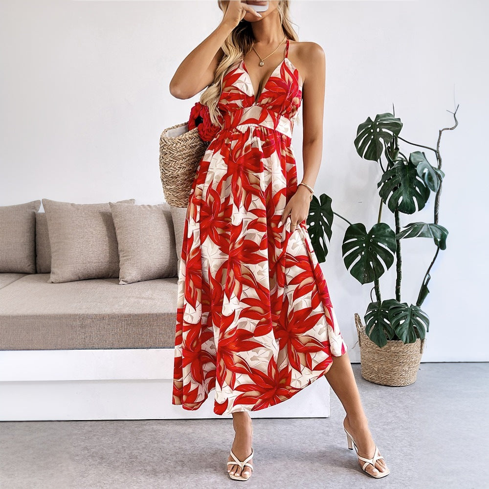 Women Clothing Casual Vacation Dress Summer Seaside Beach Maple Leaf Printed Dress