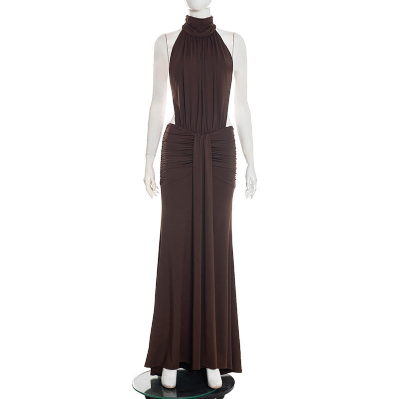 Women Clothing Summer Solid Color Small Turtleneck Sleeveless Backless Pleated Casual Sexy Dress