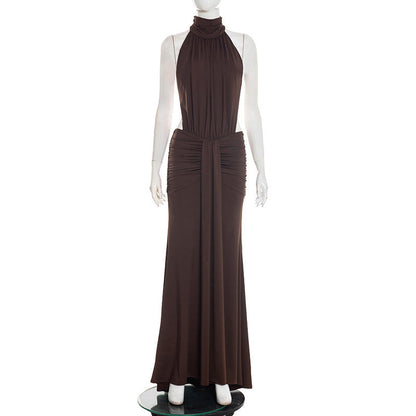Women Clothing Summer Solid Color Small Turtleneck Sleeveless Backless Pleated Casual Sexy Dress