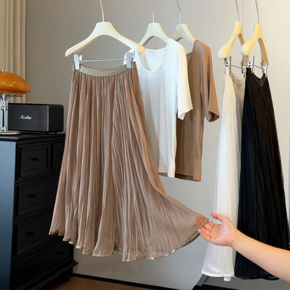 French Gentle Pleated Skirt Women Summer High Waist Drape Streamer A line Large Hem Midi Skirt
