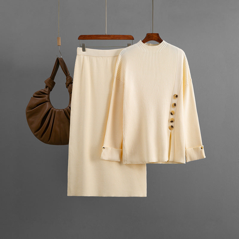 Women Autumn Winter Side Slit Fastener Decoration Sweater Skirt Two Piece Sets