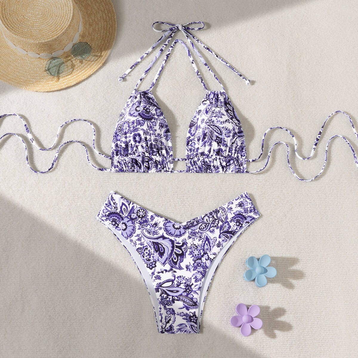 Solid Color Lace Up Adjustable Halter Top Sexy V Shaped Bottom Bikini