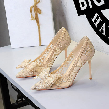 Elegant Lace Mesh Wedding Shoes Super High Heel Bow Party Dress High Heels