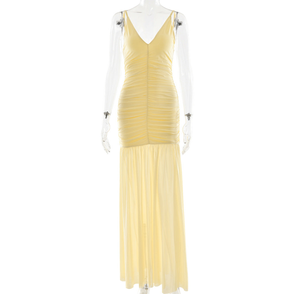 Elegant Straps Tulle Dress Sexy Deep V Plunge Pleated Stitched Backless Maxi Dress
