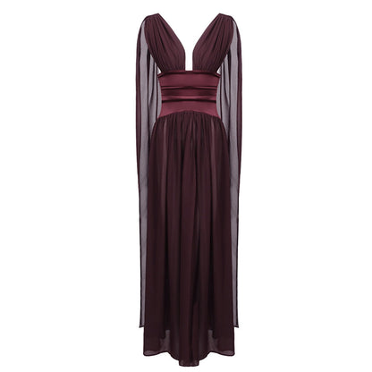 Wine Red Dress Women Summer Sleeveless Deep V Plunge Fitted High Waist Drape Chiffon Dinner Dress