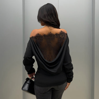 Black Sexy Lace Stitching Hollow Out Cutout out See through Backless Top Swing Collar off Shoulder Waist Controlled Long Sleeves T shirt