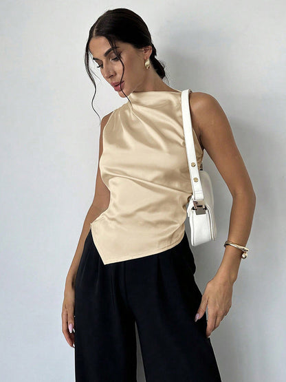 Summer Women Clothing Summer Satin Shirt Women Simple Sleeveless Satin Artificial Silk Shirt Top