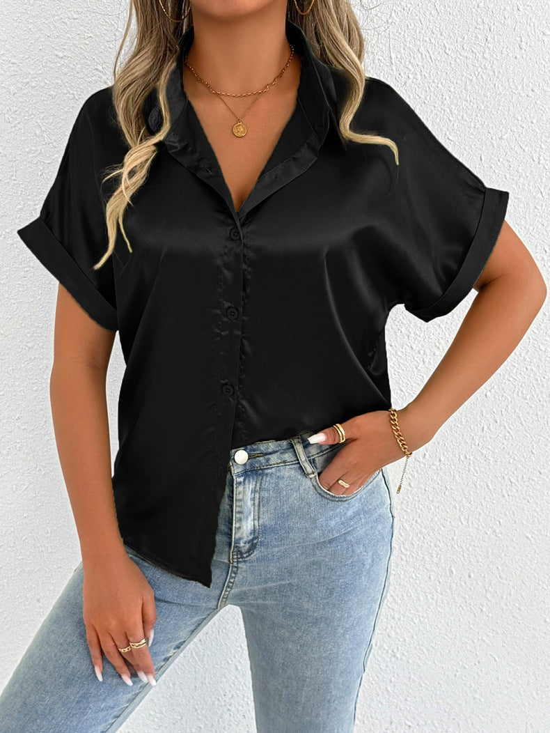 Women Clothes Summer Blue Color Satin Shirt Women Satin Shirt