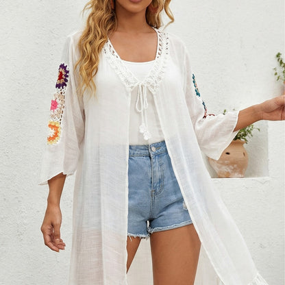 Women Clothing Hand Crocheted Stitching Tassel Irregular Asymmetric Coat Strap Beach Sun Protection Cardigan Simple Elegant
