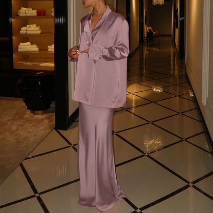 Spring Autumn Satin High Grade Half Length Skirt Set Collared Long Sleeve Top Office Two Piece Set