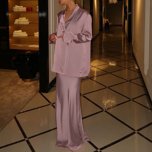 Spring Autumn Satin High Grade Half Length Skirt Set Collared Long Sleeve Top Office Two Piece Set