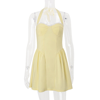 Women Clothing Summer Sexy Square Collar Elegant Backless Solid Color Halter Waist Dress