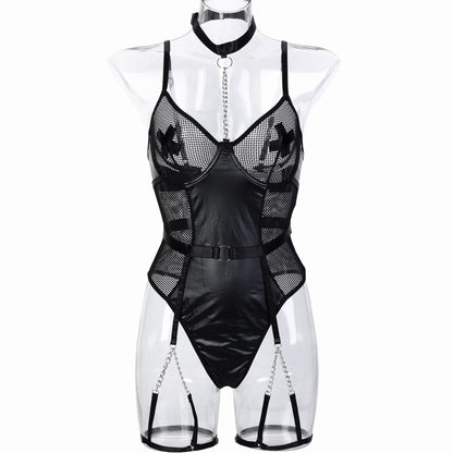 Motorcycle Faux Leather Paint Leather Stitching Mesh Hollow Out Cutout Perspective Cross Stickers Heavy Metal Chain Sexy Jumpsuit