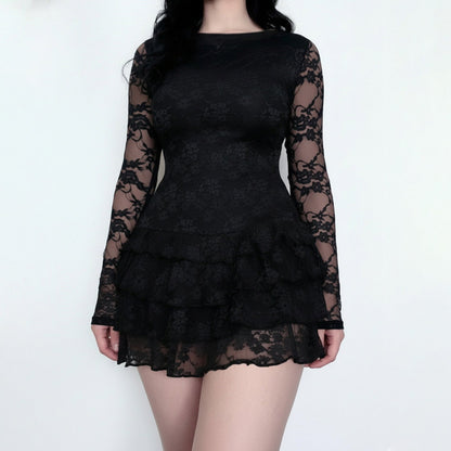 Women Dark Sexy Tight Long Sleeve See through Lace Tiered Dress round Neck Waist Trimming A line Dress