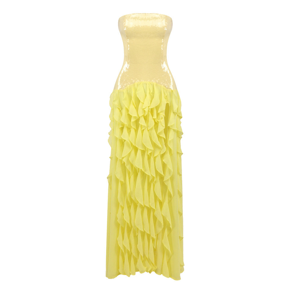 French Tight Waist Yellow Tube Top Dress Holiday Backless Summer Ruffles Women Clothing Tight Waist