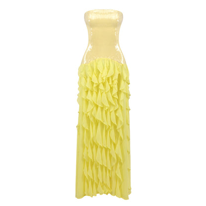 French Tight Waist Yellow Tube Top Dress Holiday Backless Summer Ruffles Women Clothing Tight Waist