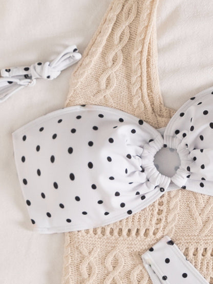 Black White Polka Dot Fresh Advanced Hollowed out Detachable Shoulder Strap Split Bikini