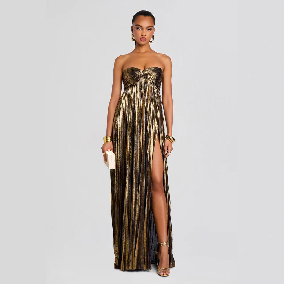 Summer Chest Wrapped Dress Stylish Texture Sexy Slit Women Evening Dresses