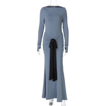 Women Clothing Summer Solid Color Pleated Waist Controlled Lace up Long Sleeve Dress Women