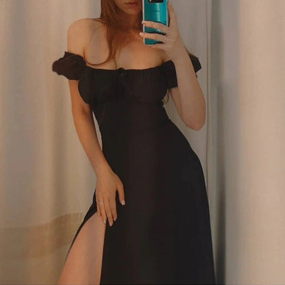 Summer French Dress Women Clothing Puff Sleeve Lace Up Slim Fit Dress