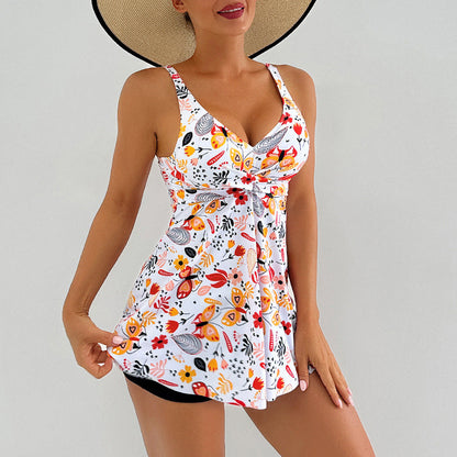 Lonkey Conservative Tankini Print Split Boxer High Waist Swimsuit Women Bikini