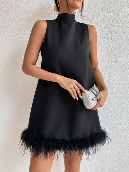 Half Turtleneck Sleeveless Frayed Hem Slimming A line Short