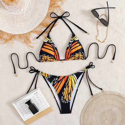 Bikini Swimsuit Women Sexy Butterfly Printed Halter Lace up Bikini Swimsuit