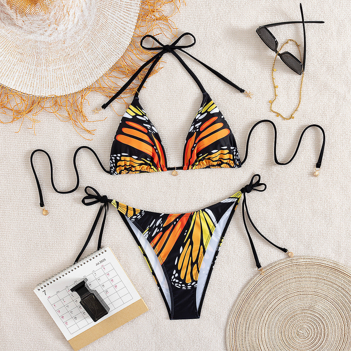 Bikini Swimsuit Women Sexy Butterfly Printed Halter Lace up Bikini Swimsuit