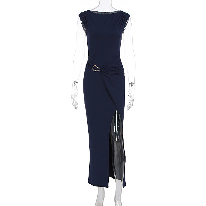 Summer Women Solid Color round Neck Slim Slimming Slit Dress