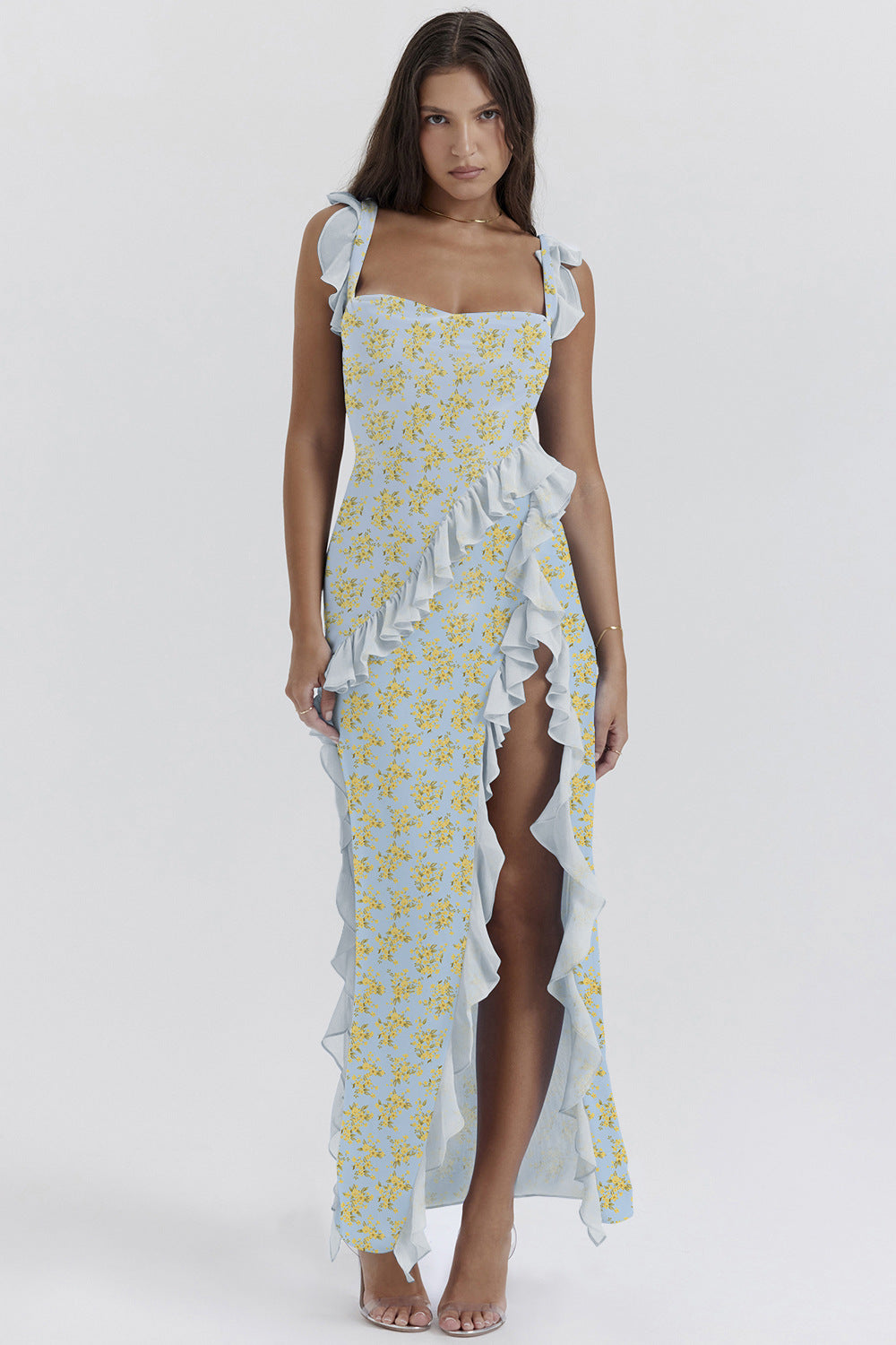 Summer French Strap Wooden Ear Sexy Split Printing Dress