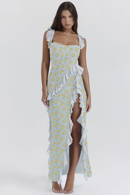 Summer French Strap Wooden Ear Sexy Split Printing Dress