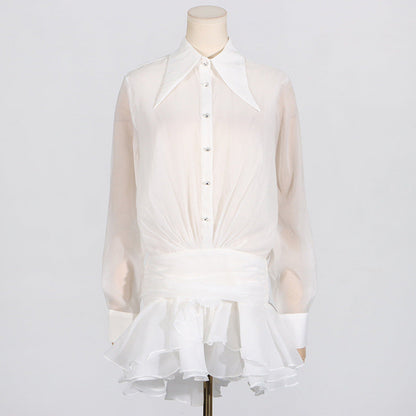 Dress Women Summer Polo Collar Solid Color Mesh Pleated Slim Design Long Sleeve Short Dress