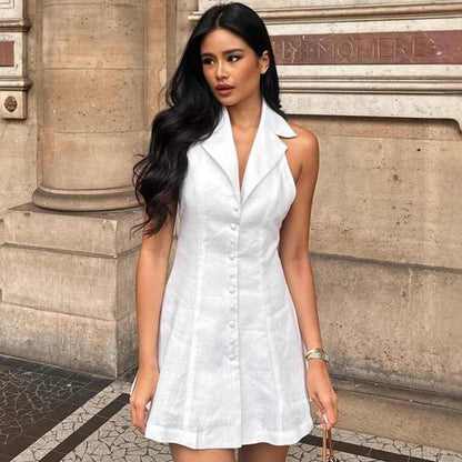 French Cotton Linen Halter Sexy Backless Dress Spring Summer Short for Women