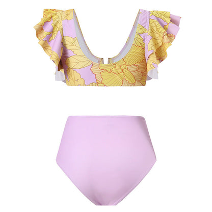 French Retro Printed One Piece Swimsuit Women Spring Vacation Beach Dress Three Piece Bikini