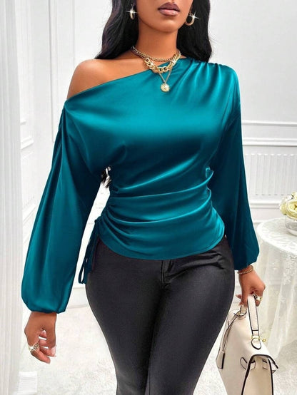 Women Clothes Satin Shirt Autumn Winter Asymmetric Long Sleeve Diagonal Collar Shirt Top